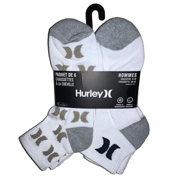 Hurley Quarter Crew Socks 6 Pair Men 8-12 White Gray w Mix Logo Surf RideCushion - Picture 4 of 10